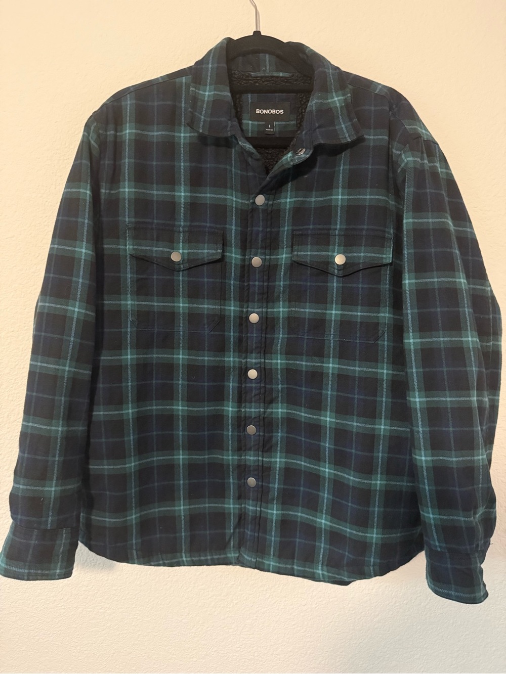 BONOBOS Navy and Teal Plaid Snap-Front Shacket